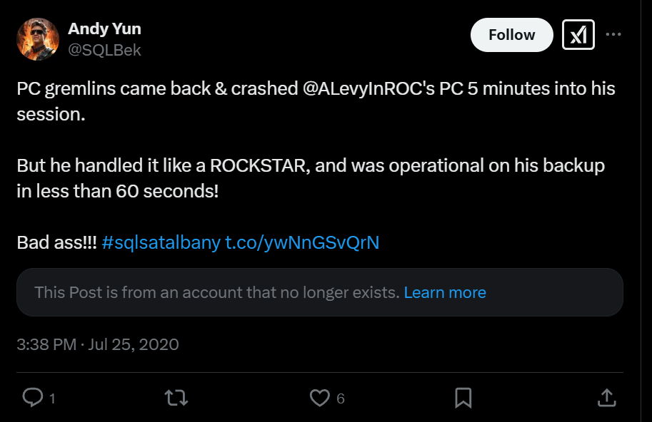 Tweet by Andy Yun reading 'PC gremlins came back & crashed @ALevyInROC's PC 5 minutes into his session. But he handled it like a ROCKSTAR, and was operational on his backup in less than 60 seconds! '