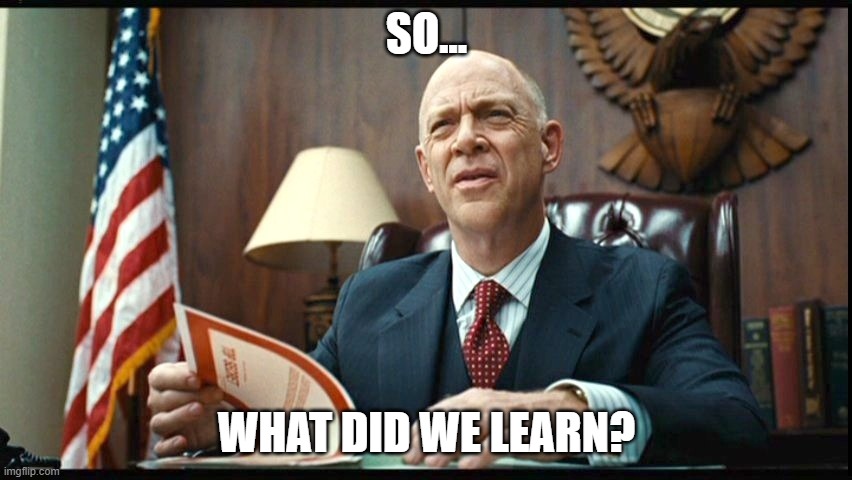 A screen capture of the 'what did we learn' scene from the movie Burn After Reading